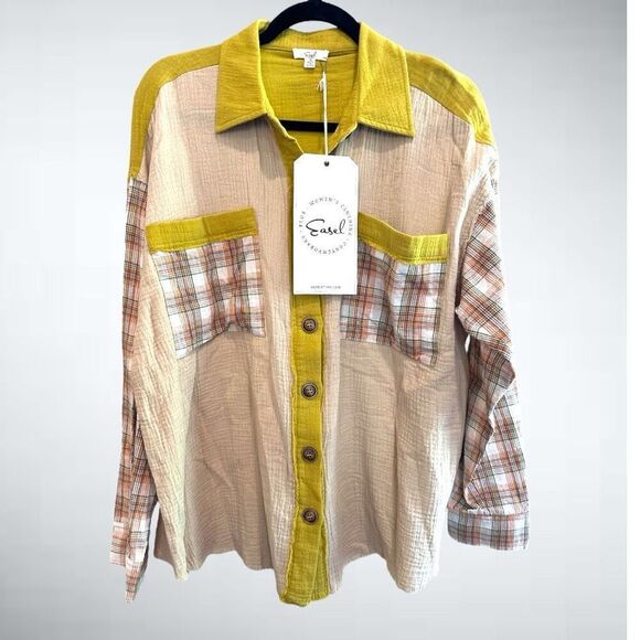 easel Tops - Size S Easel Beige Gauze Plaid Mix Button Up Top